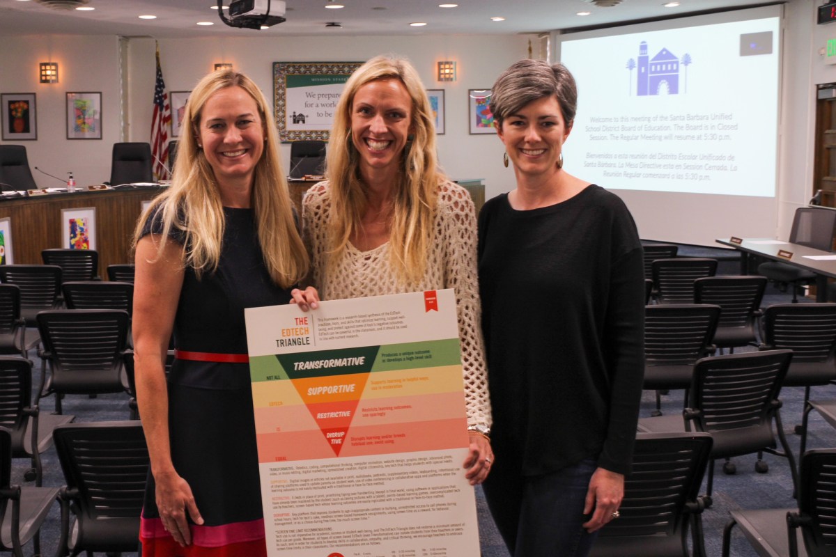 Dr. Kristen Hughes, from left, Melissa Quigley and Laura Rhoads are members of Techwise SB and want the Santa Barbara Unified School District to reconsider its iPad program.