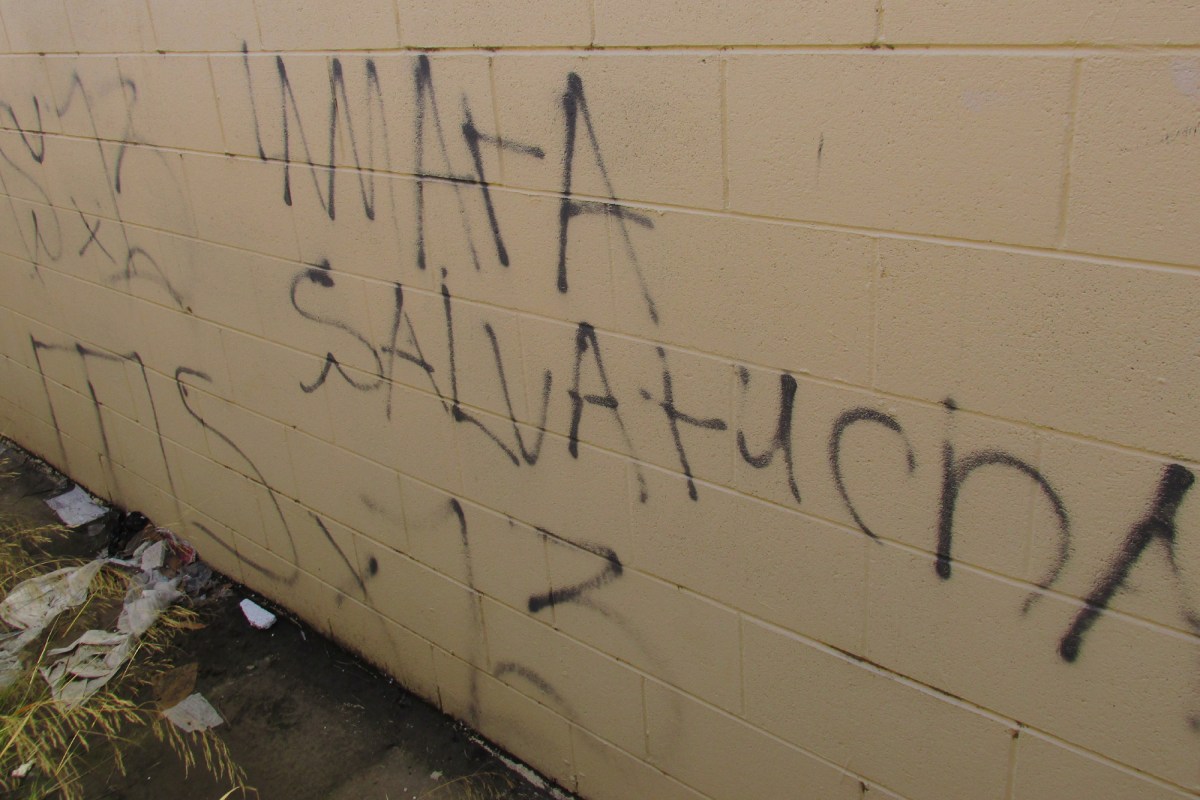 Graffiti touting the MS-13 gang adorns a wall.