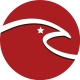 A stylized hawk's head on a red background