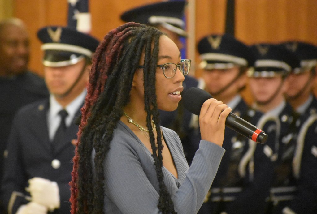 The Vandenberg Space Force Base Honor Guard delivers the colors before Rayhanah Johnson from Cabrillo High School sings the national anthem on Monday during the Martin Luther King Jr. Day celebration in Lompoc.