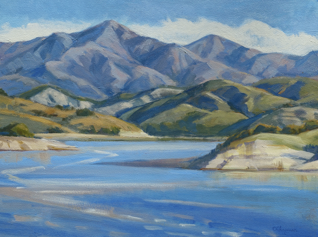 'Cachuma Morning,' a painting by John Iworks, depicts scene of blue and green mountains behind a peaceful azure-colored lake.